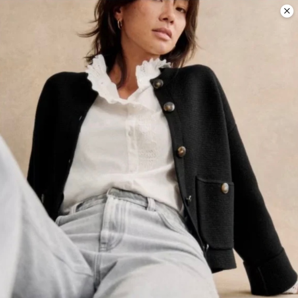 Sezane Merino Wool and Cotton Valerio Jacket Cardigan Black L NWT